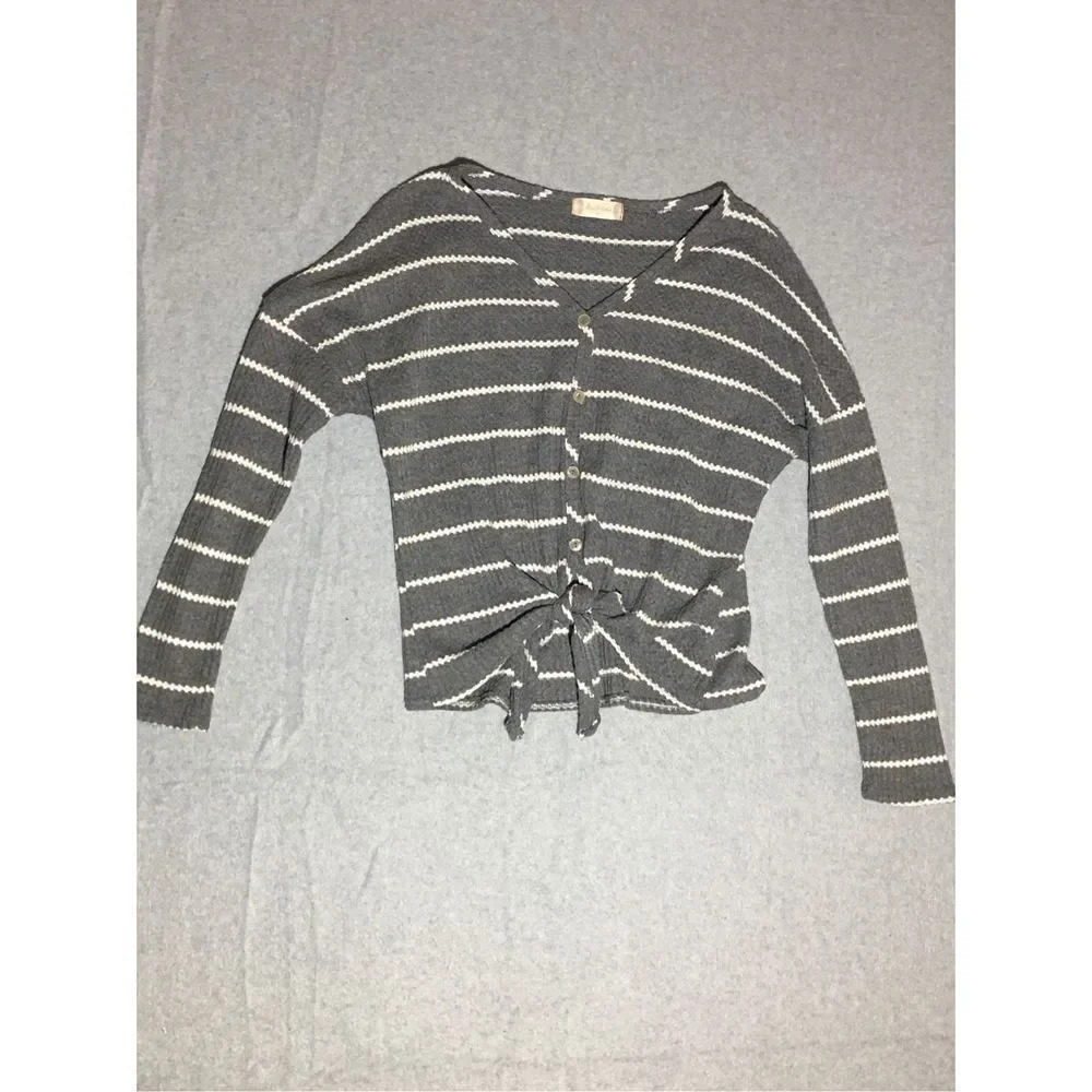 Womens Altar’d State Sweater Size XS Gray White Striped Button Up Warm Winter